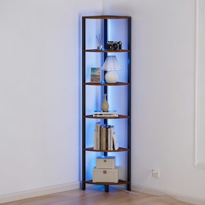 corner shelf, 6 Tier Corner Shelf with LED Light, 67.5” Tall Standing Shelf Organizer, Narrow Bookshelf with Storage Rack for Wall Corner