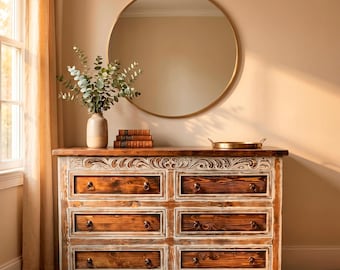 Regency Dresser, Handmade Regency Dresser: Distressed White Wood, Rustic Carvings