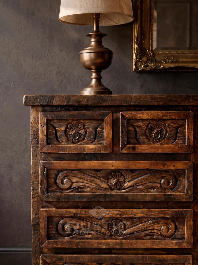 May include: A rustic wooden dresser with intricate carved floral designs on the drawers. A bronze-colored lamp with a beige lampshade sits on top. A gold-framed mirror hangs in the background, adding a touch of elegance.