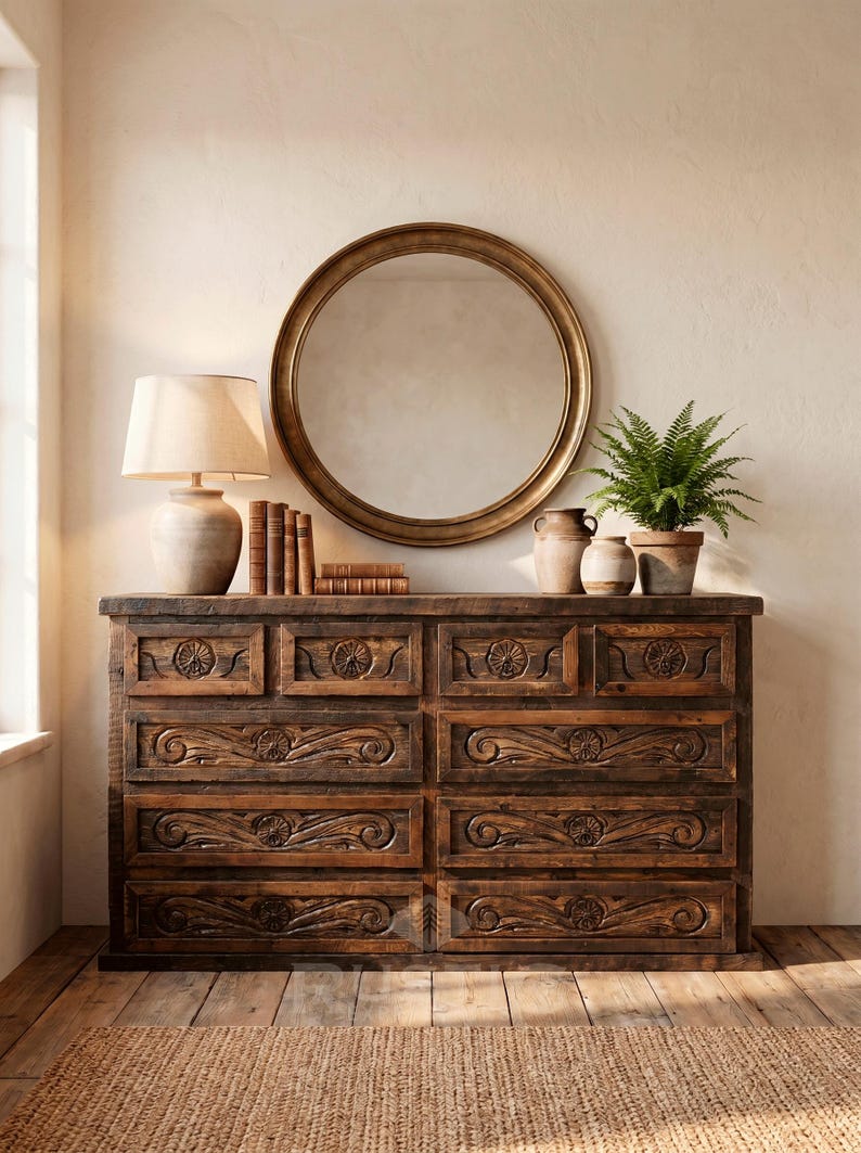 May include: A dark brown wooden dresser with carved floral designs on the drawers. A round gold mirror hangs above the dresser, which is topped with books, pottery, a lamp, and a potted fern. The dresser sits on a wood floor with a woven rug.