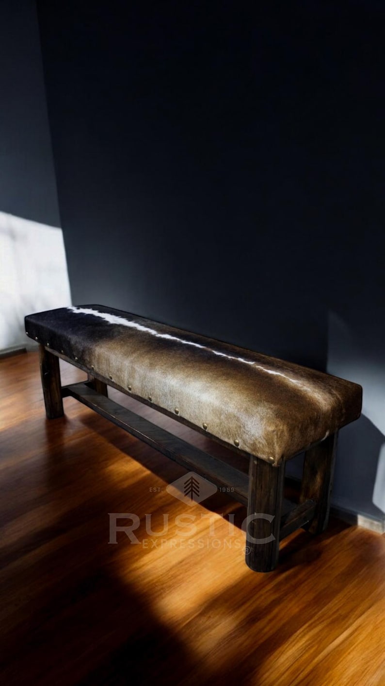 Cowhide Bench Rustic Old Fashion Cowhide Bench, Rustic Handmade Seating, Farmhouse Cowhide ...