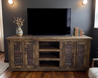 Tahos TV Console, Southwestern Entertainment Center, Farmhouse TV Stand, Carved Pine Console with Storage, Tahos Media Console