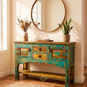 May include: A rustic wooden console table with turquoise and yellow paint, featuring drawers and cabinet doors. A round gold mirror hangs above, with a vase of dried flowers and a potted plant on the table.
