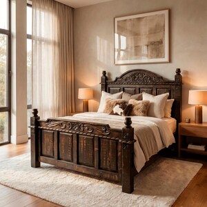 Pu&ograve; includere: Un letto in legno marrone scuro con dettagli intagliati, un comodino abbinato e un tappeto color crema. Il letto &egrave; fatto con un piumino e cuscini morbidi. Due lampade sono sui comodini. La stanza ha una palette di colori neutri.