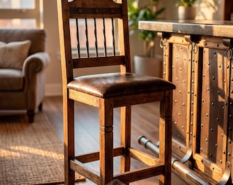 Pueblito Virginia Stool Leather seat, Rustic Leather Seat Counter and Bar Stool, Farmhouse Leather Bar Stool, Handcrafted Leather Stool