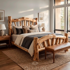May include: A rustic wooden bed frame with a natural, unfinished look. The bed is made of thick, textured logs and features a headboard and footboard. The bed is dressed with neutral-toned bedding and pillows. A leather bench sits at the foot of the bed.