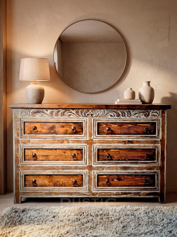 Regency Dresser, Handmade Regency Dresser: Distressed White Wood, Rustic Carvings