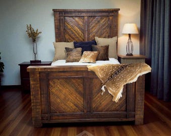 Old Fashion Chevron Bed, Reclaimed Wood Chevron Bed Frame: Rustic Farmhouse Bedroom Furniture
