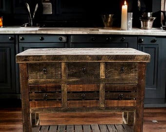 Old Fashion Escobedo Kitchen Island, Vintage Kitchen Island, Stylish and Rustic Decor, Reclaimed wood kitchen island.
