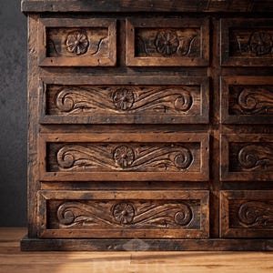 May include: A rustic, dark brown wooden dresser with carved floral and scrollwork details. The dresser has multiple drawers with recessed panels and decorative carvings, showcasing a vintage aesthetic.