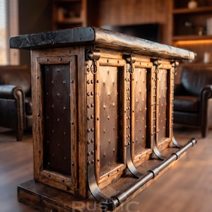 May include: A rustic wooden bar with a dark stained top and metal accents. The bar features riveted metal panels and a footrest. The design incorporates a blend of wood and metal, creating a vintage aesthetic. The bar is suitable for home or commercial use.