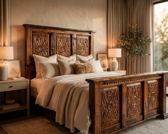 Reclaimed Wood Bed Frame, Rustic Vintage Farmhouse King Queen Bed, Handmade Bedroom, Old Fashion Grecia Bed.