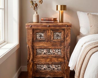Master Ox Yoke Nightstand, Reclaimed Wood Nightstand: Rustic Farmhouse Bedside Table with Ox Yoke Detail