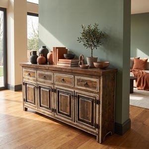 May include: A long wooden sideboard with four drawers and four cabinet doors, featuring dark wood grain and distressed white painted edges. The top surface holds several ceramic vases, a small potted olive tree, and a stack of books.