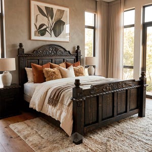 Floral Bed, Rustic Floral Headboard Bed in All Sizes, Romantic Wood Bed, Solid Wood Bed Frame, Handmade Carved Bed, Rustic Floral Bed Frame immagine 1