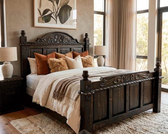 Floral Bed, Rustic Floral Headboard Bed in All Sizes, Romantic Wood Bed, Solid Wood Bed Frame, Handmade Carved Bed, Rustic Floral Bed Frame