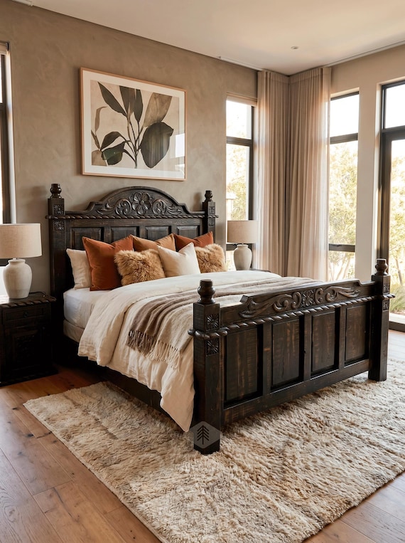 Floral Bed, Rustic Floral Headboard Bed in All Sizes, Romantic Wood Bed, Solid Wood Bed Frame, Handmade Carved Bed, Rustic Floral Bed Frame