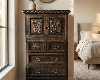 Hand Carved Tall Dresser, Rustic Chest of Drawers, Floral Wood Bedroom Storage, Handmade Furniture, Floral Chest Of Drawer.