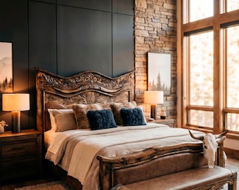 May include: A rustic bedroom featuring a large, ornately carved wooden bed with a leather bench at the foot. The bed is adorned with pillows and a neutral-toned comforter. A cow skull decorates the bench. The room has a stone accent wall.