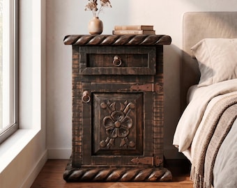 Floral Nightstand, Romantic Nightstand, Vintage Wood Table with Drawer and Door, Handmade Rustic Nightstand