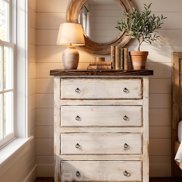 Farm House Chest Of Drawers, Handmade Tall Dresser, Carved Wood 4-Drawer Storage Cabinet, Farmhouse Chest,Rustic Chest of Drawer for Bedroom