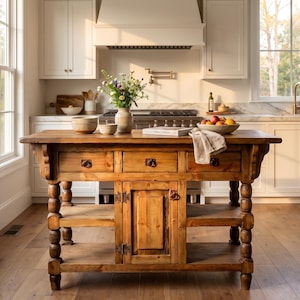 Turned Kitchen Island, Handcrafted Rustic-Modern Solid Wood  Island - Stylish Farmhouse Furniture