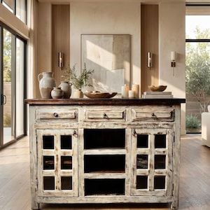 Glass Buffet, Handmade Rustic Solid Wood and Glass Sideboard, Rustic Wooden Dining Room Server, Rustic Dining Buffet.
