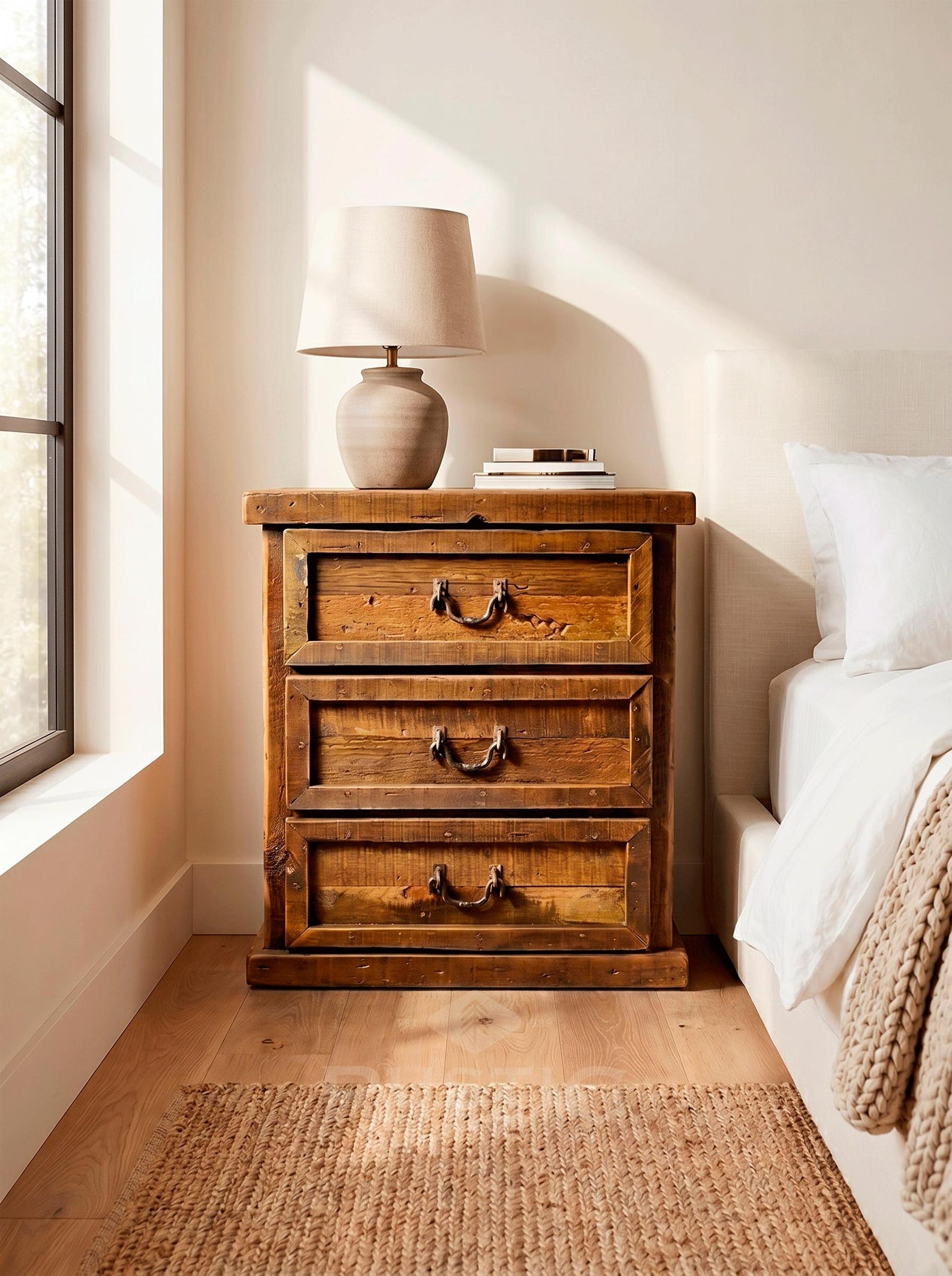 Rustic wood nightstand for a cowgirl coastal bedroom