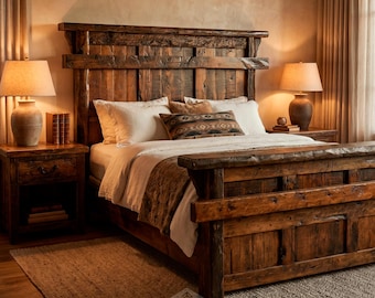 Old Fashion Bed, Handcrafted rustic bed, Eco-friendly solid wood bed, Reclaimed wood bed, Vintage bed, Western bed, Rustic Style bed