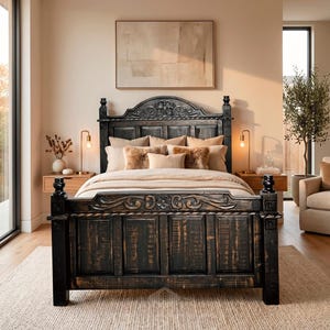 Floral Bed, Rustic Floral Headboard Bed in All Sizes, Romantic Wood Bed, Solid Wood Bed Frame, Handmade Carved Bed, Rustic Floral Bed Frame immagine 4