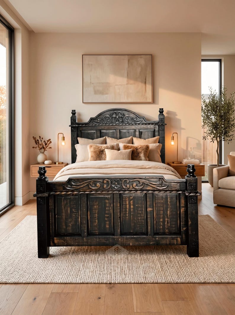 Floral Bed, Rustic Floral Headboard Bed in All Sizes, Romantic Wood Bed, Solid Wood Bed Frame, Handmade Carved Bed, Rustic Floral Bed Frame immagine 4