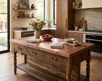 Old Fashion Idaho Copper Top Kitchen Island, Handmade Reclaimed Wood & Copper, Rustic Copper Top Island – Idaho Style Farmhouse Design.