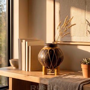May include: A decorative black and brown vase with a geometric design, resting on a wooden stand. The vase holds dried wheat stalks. The scene includes books, a small bowl, and a potted succulent, all on a wooden shelf.
