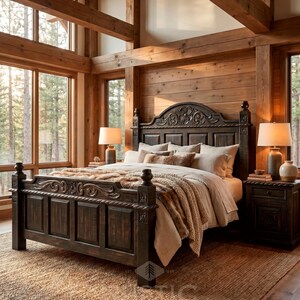 Pu&ograve; includere: Un letto in legno marrone scuro con testiera e pediera ornate. Il letto &egrave; fatto con biancheria da letto di colore neutro e una coperta in finta pelliccia. Due comodini abbinati con lampade affiancano il letto, su un tappeto tessuto.