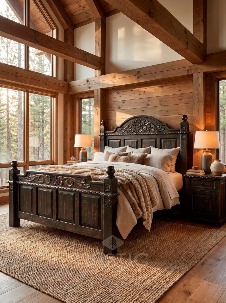 Pu&ograve; includere: Un letto in legno marrone scuro con testiera e pediera ornate. Il letto &egrave; fatto con biancheria da letto di colore neutro e una coperta in finta pelliccia. Due comodini abbinati con lampade affiancano il letto, su un tappeto tessuto.