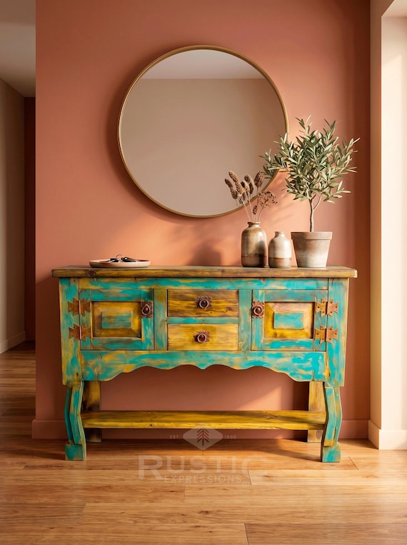 Mini Pokemon - Rustic Wooden Console Table for Living Room & Entryway - Handmade Vintage Mexican Decor