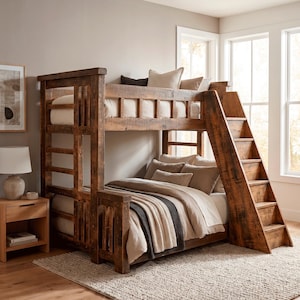 May include: A rustic, wooden bunk bed with a built-in ladder. The bed features a natural wood finish and is furnished with neutral-toned bedding and pillows. A beige rug sits beneath the bed, and a nightstand with a lamp is visible.