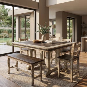 May include: A square dining table with a dark brown top and a distressed white wooden base, featuring metal stud accents along the edge. The set includes a matching wooden bench and two chairs with dark brown seats and distressed white frames.