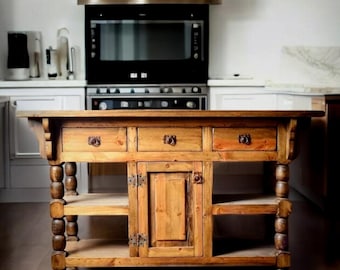 Turned Kitchen Island, Handcrafted Rustic-Modern Solid Wood Kitchen Island with Turned Legs - Stylish Farmhouse Furniture