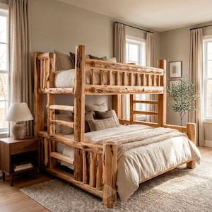 May include: A rustic, wooden bunk bed with a natural finish. The bed features a full-size lower bunk and a twin-size upper bunk, with a ladder for access. The bedding includes neutral-toned comforters and pillows. The room has neutral walls, curtains, and a rug.