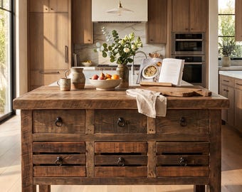 Old Fashion Escobedo Kitchen Island, Vintage Kitchen Island, Stylish and Rustic Decor, Reclaimed wood kitchen island.