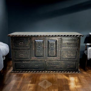 Floral Dresser, Hand-Carved Wood Chest, Farmhouse Dresser, Floral Drawer Chest, Carved Wood Dresser, Rustic Bedroom Storage