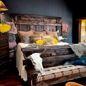 Old Fashion King Bed, Handcrafted rustic bed, Eco-friendly solid wood bed, Reclaimed wood bed, Vintage bed, Western bed, Rustic Style bed