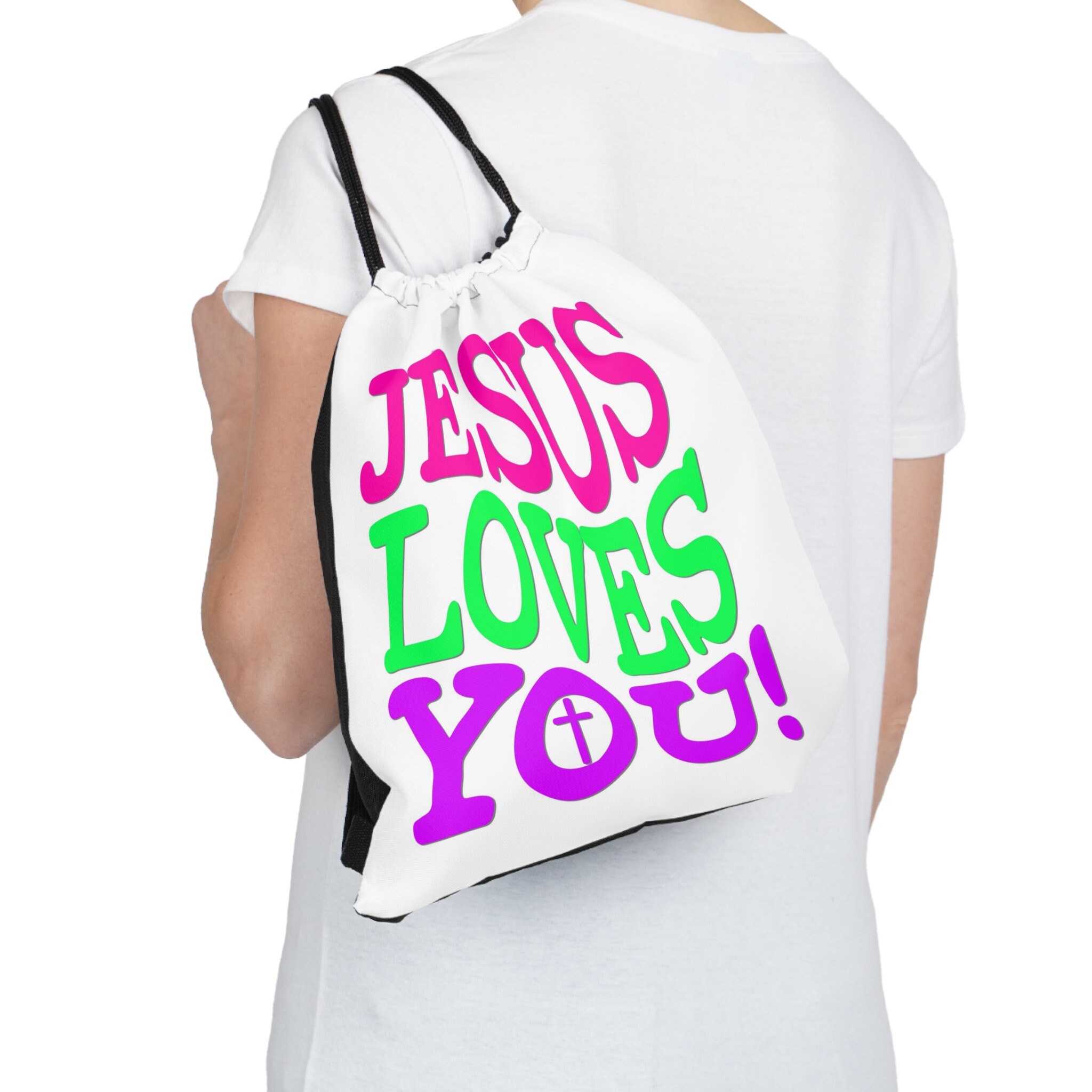 Discover Christian Jesus Loves You Outdoor Drawstring Backpack