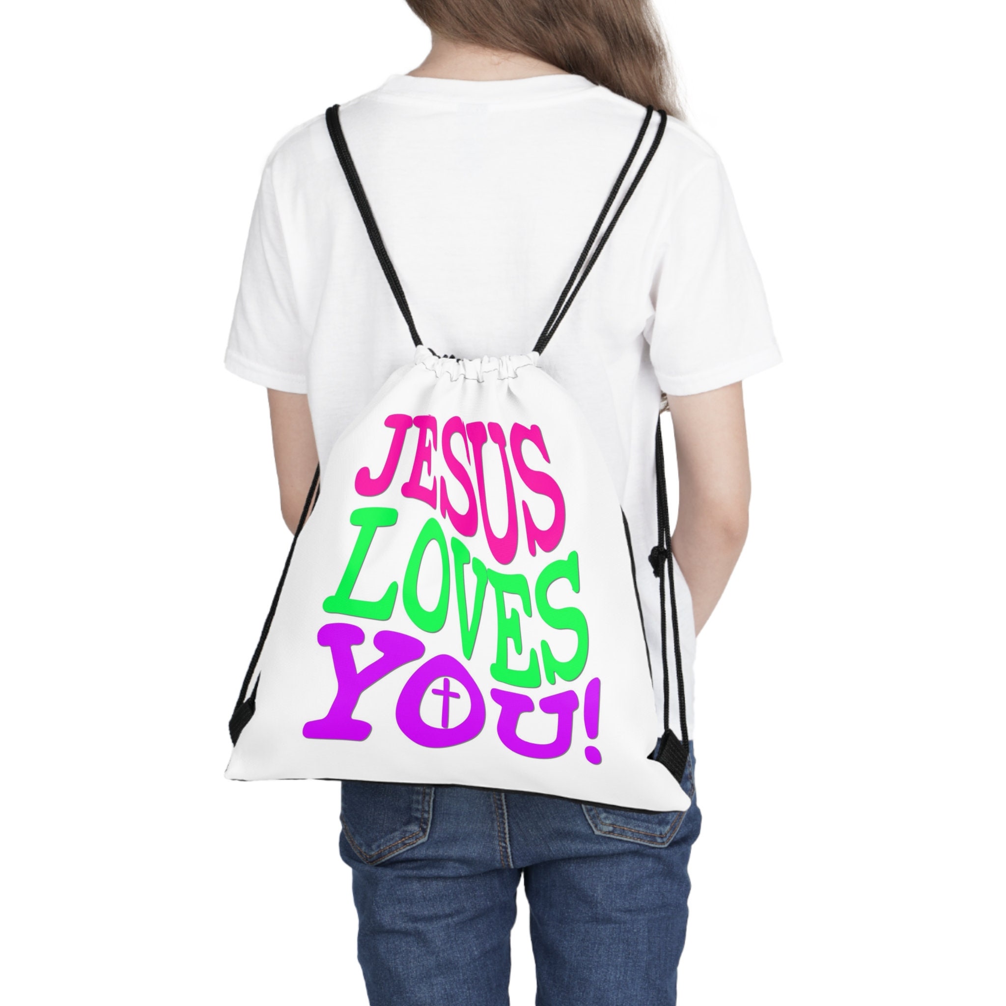 Discover Christian Jesus Loves You Outdoor Drawstring Backpack