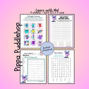 Puede incluir: Cuatro hojas de actividades imprimibles para niños, que incluyen un juego de memoria de primavera, búsquedas de palabras y una actividad para crear tu propia búsqueda de palabras. Las hojas miden 21,6 x 27,9 cm y presentan ilustraciones de monstruos coloridos.