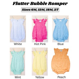 May include: A display of six flutter bubble rompers in white, hot pink, blue, mint, yellow, and peach. Each romper has ruffled sleeves and a bubble silhouette. The text "Flutter Bubble Romper" and sizes are displayed at the top.