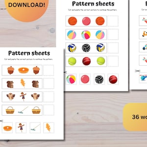 May include: A set of 36 printable pattern sheets for kids. Each sheet features a different pattern of colorful images, such as balls, scooters, and helicopters. The text "Pattern sheets" and "Cut and paste the correct picture to continue the pattern" is included on each sheet.