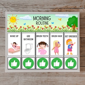 May include: A colorful chart with a green background and a white frame. The chart has a title that says "Morning Routine" and shows a series of images with the following text: "Wake Up", "Use Bathroom", "Brush Teeth", "Brush Hair", and "Get Dressed". Each image has a green thumbs up icon below it.