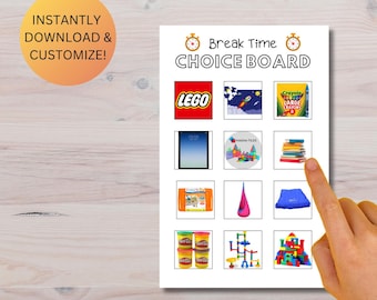 Customizable Break Time Choice Board; Speech Tool; AAC; Communication; Autsim; Non-Verbal; Pre-Verbal